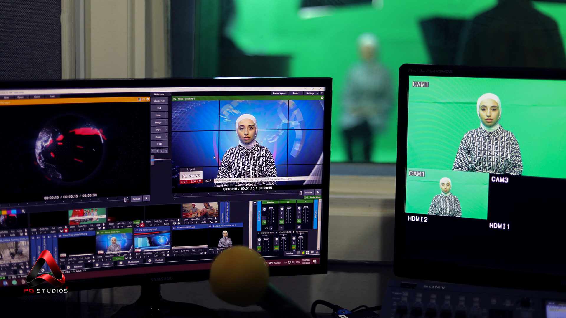 Video production monitors and green-screen recording at PG Studios