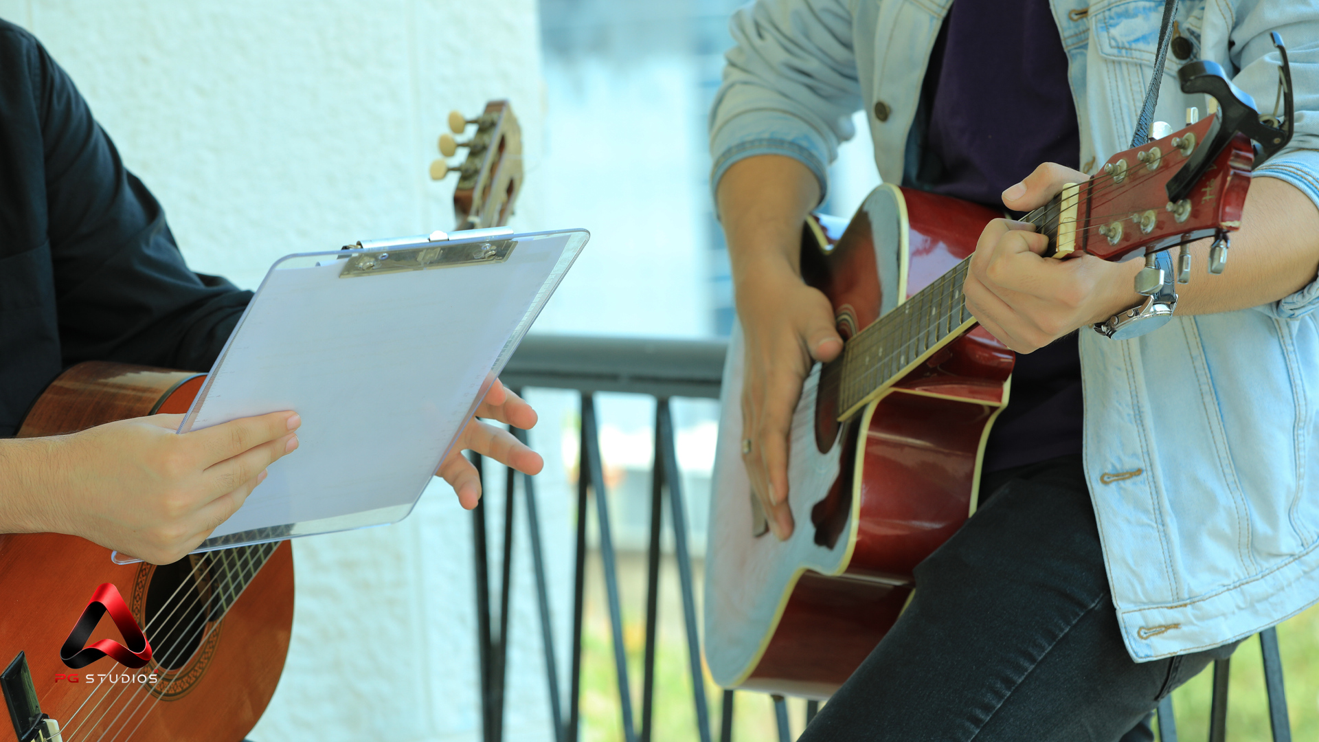 Acoustic guitar recording preparation at PG Studios