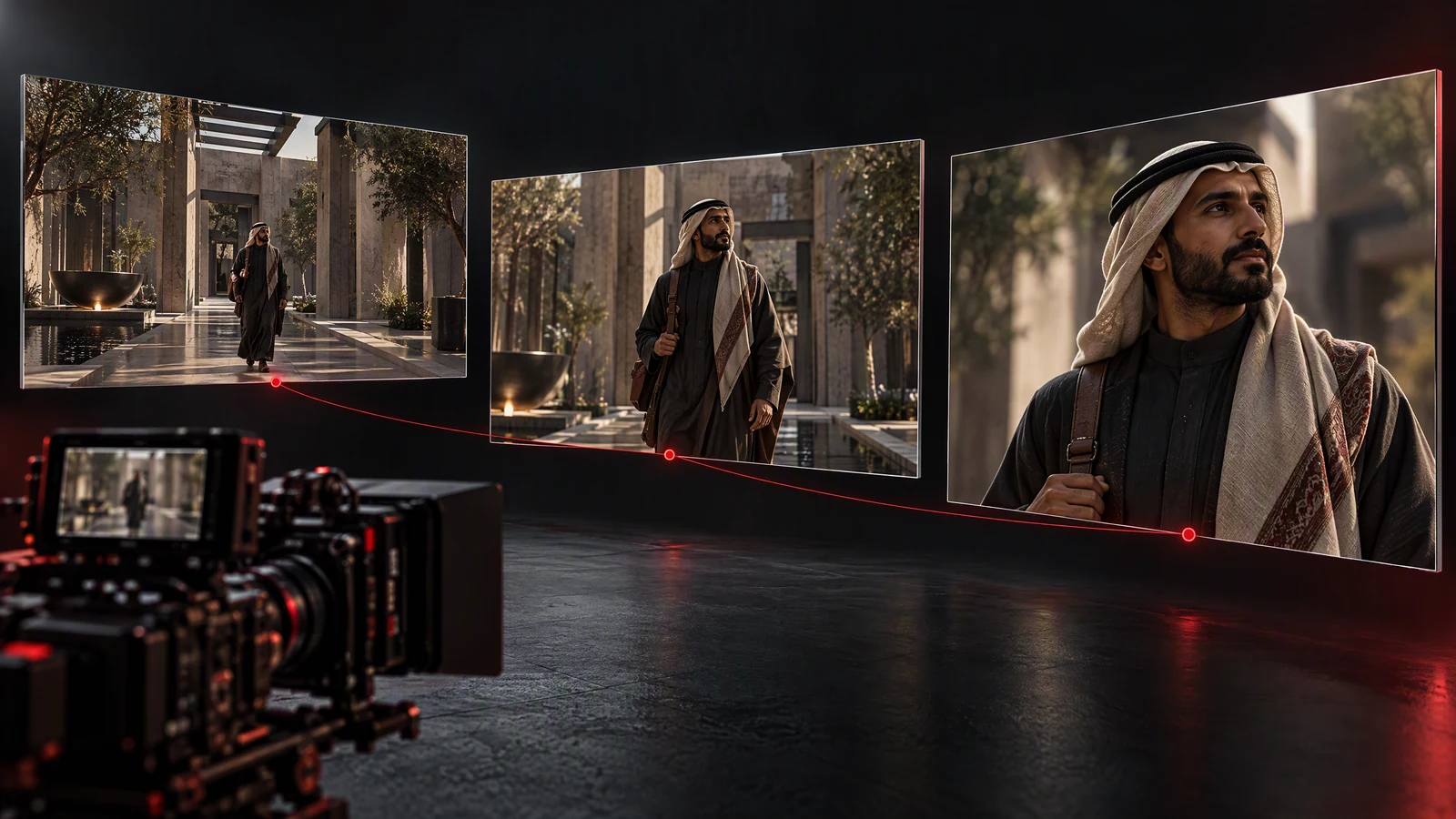 Illustration of wide, medium and close-up shots linked across the same character scene.
