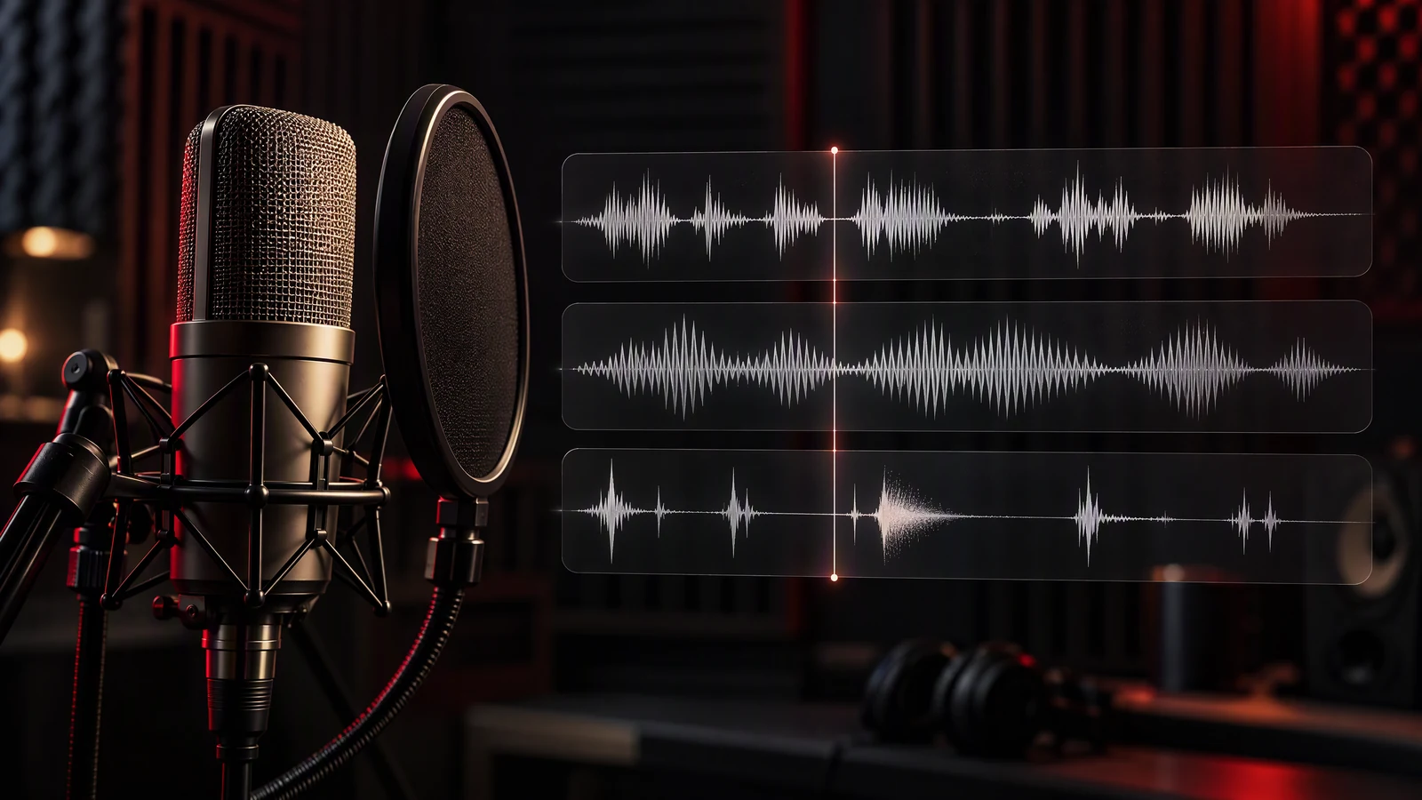Illustration of a studio microphone beside synchronized voice and sound waveforms.