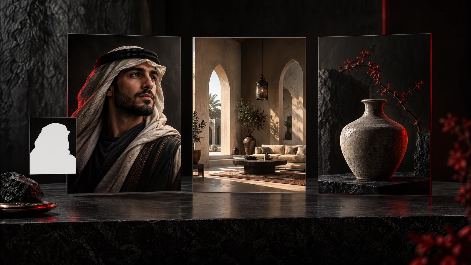 Illustration of a character portrait and mask alongside environment and object images.