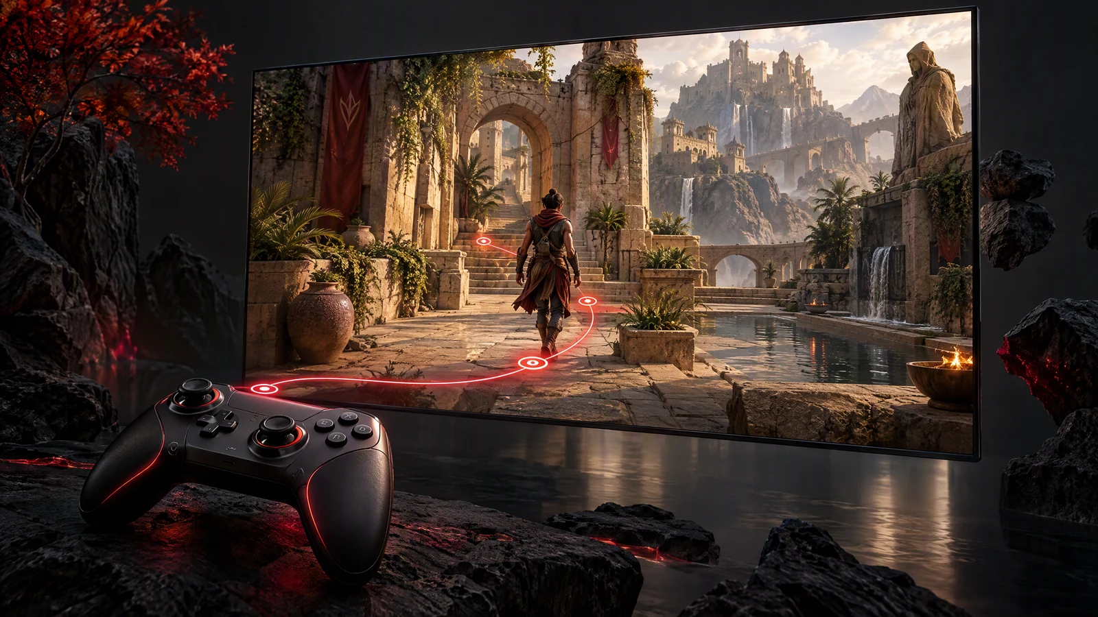 Illustration of a game controller and a character navigation path through an interactive world.