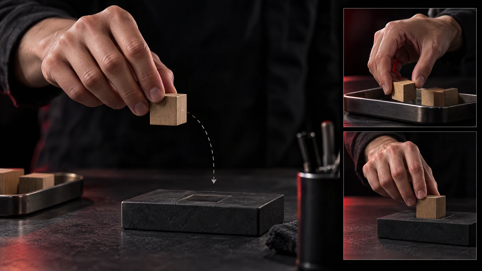 Illustration of a hand moving a wooden block, with successive views of the task.