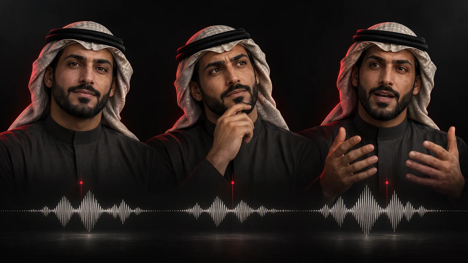 Illustration aligning three facial and gestural performances with their voice waveforms.