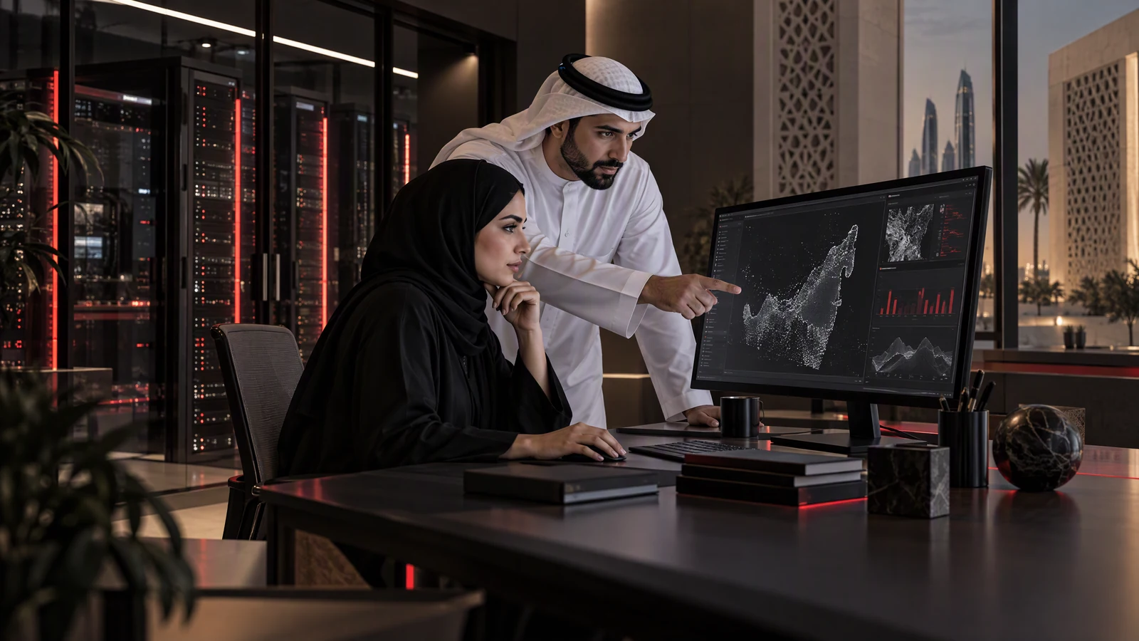 Illustration of a government AI team reviewing data in a controlled working environment.