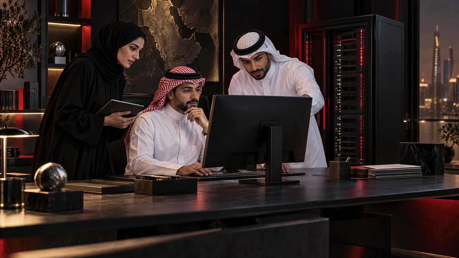 Illustration of an enterprise team working with an internal data system.