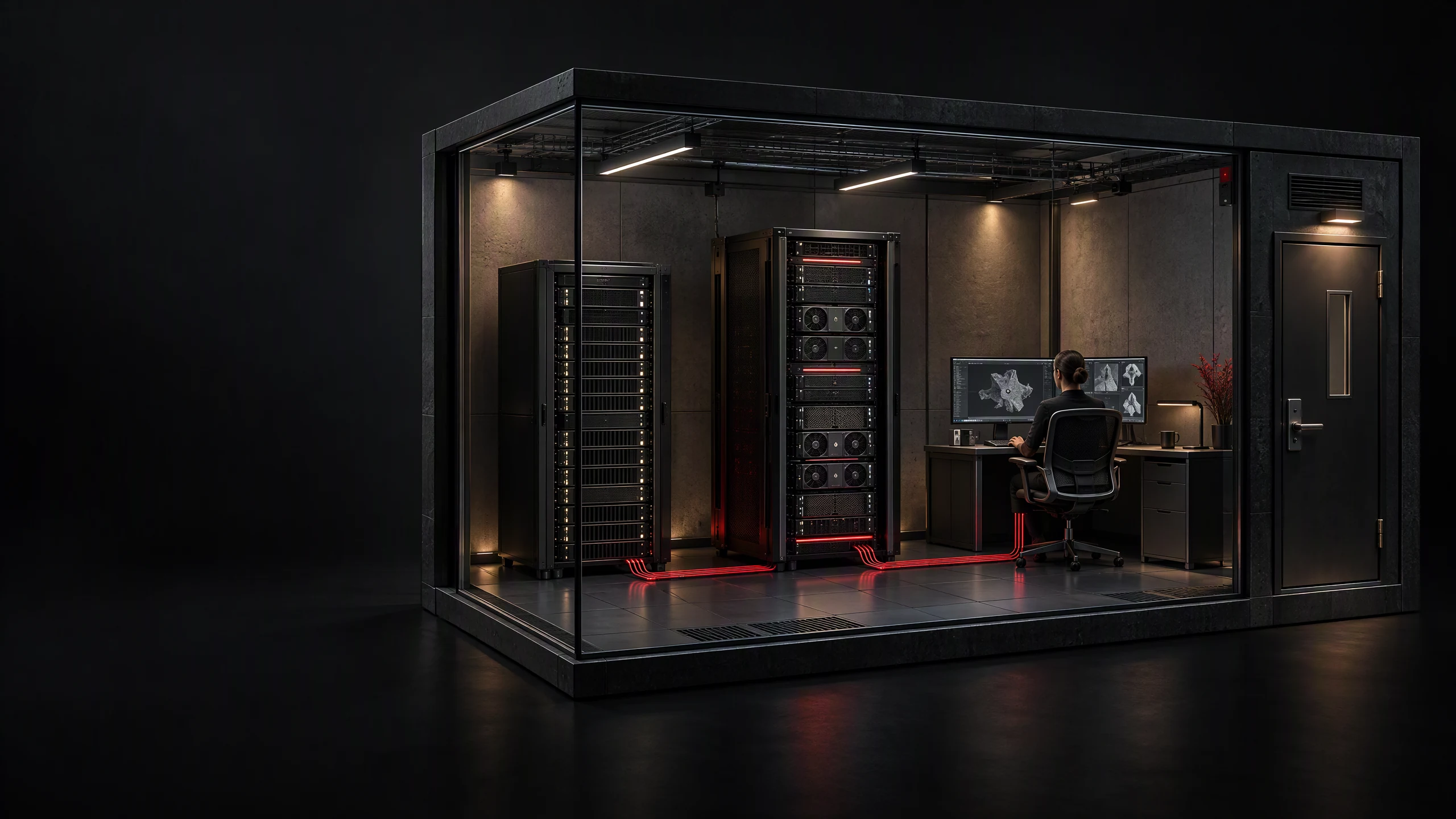 Conceptual illustration of an enclosed local AI workspace with servers and a workstation; not a real client installation.