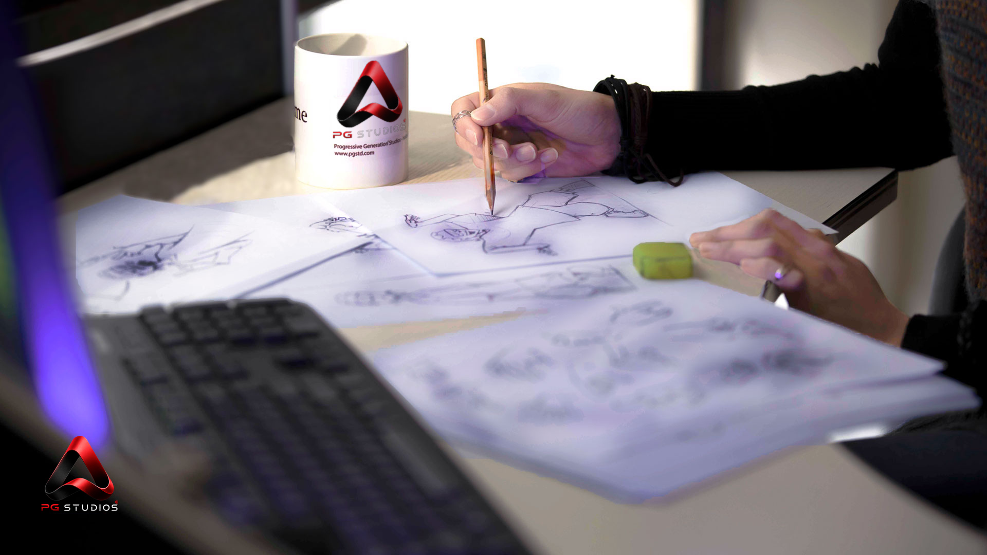 Hand-drawn character sketches at PG Studios